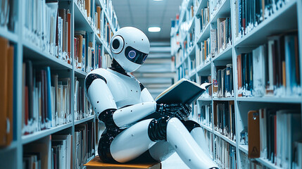 robot ai sits in the library and reads a book. Concept of text generation, AI training and information systematization