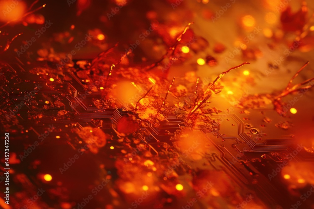 Poster close-up of a circuit board submerged in a fiery, orange liquid, showcasing intricate details and a 