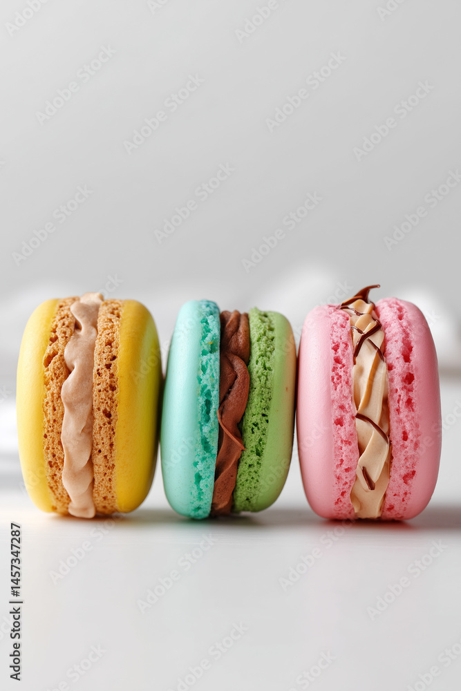 Poster pastel macarons aligned neatly on white surface create a minimalist setting. soft textures and vibra
