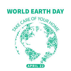 Happy Earth Day Green Lettering With Leaf Ornament Isolated Background. Vector Illustration