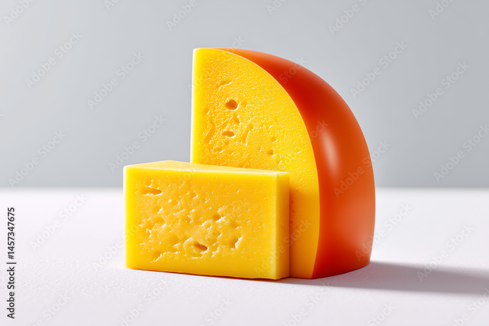 Poster slice of semi-hard cheese with vibrant color and textured edge displayed minimalist style on clean w