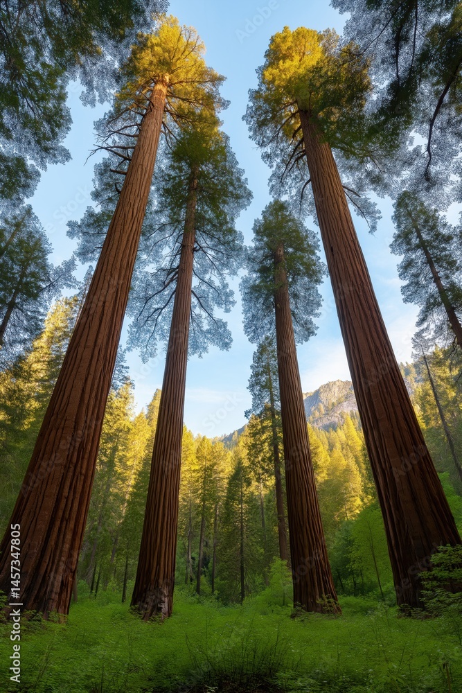 Poster a forest with three very tall trees in the foreground and a few smaller trees in the background. the