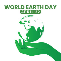 Happy Earth Day Green Lettering With Leaf Ornament Isolated Background. Vector Illustration