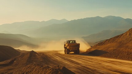 A large yellow truck driving along a dusty mountain road