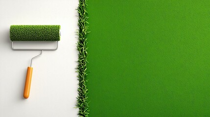 Paint roller for exterior wall makeover with long handle and sunny backyard scene.