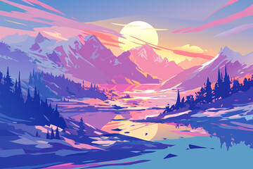 Flat vector illustration of sunrise in the mountain. Vector EPS 10