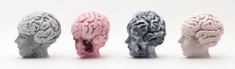 Three-dimensional renderings of human heads with brains.  Varying shades of gray and pink.  Detailed anatomical features