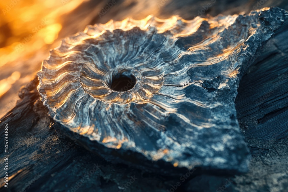 Poster close-up of a fossilized ammonite, showcasing intricate spiral patterns and textures bathed in golde
