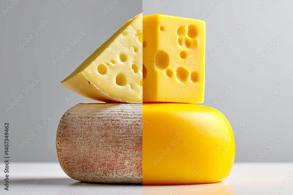 Poster cheese varieties arranged in minimalist style showcasing cube and slice side by side. simple white b