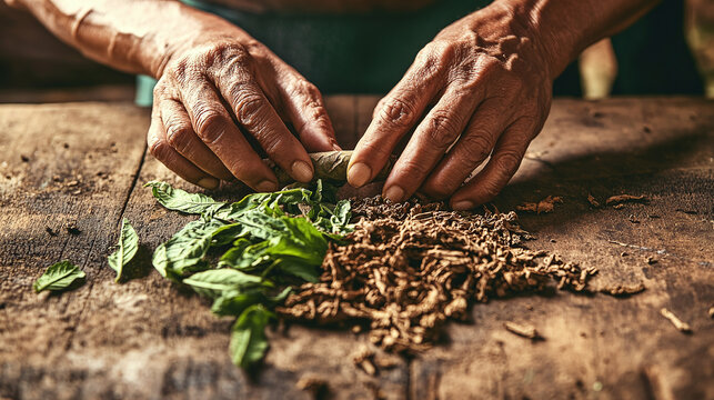 Close-up of Hands Carefully Rolling Tobacco Leaves on Wooden Table