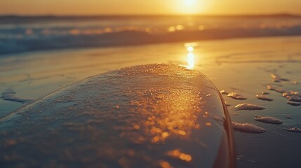 A surfboard rests near the water during a beautiful sunset on the beach