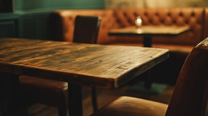 A rustic restaurant interior shows a wooden table and chairs