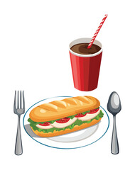 hot dog sandwich and chocolate drink - vector illustration
