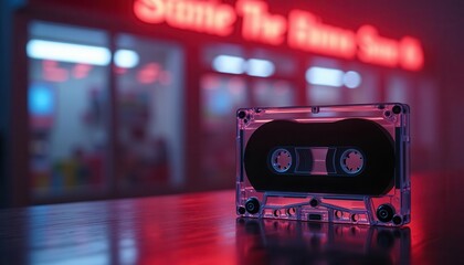 Retro cassette tape with neon lighting in a futuristic urban night setting, featuring vibrant colors and bokeh effects