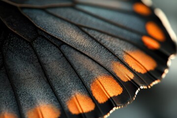 Close-up of a butterfly wing showcasing intricate details and vibrant orange markings.