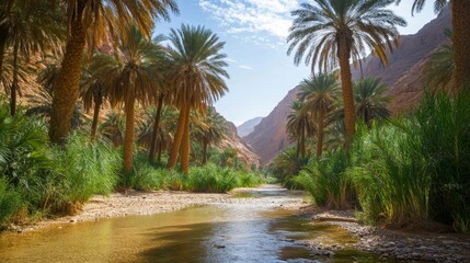 Obraz premium Serene Oasis Valley with Palm Trees and River