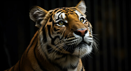 Fototapeta premium Majestic Tiger Portrait with Snowflakes Detailed Orange and Black Stripes Dark Background