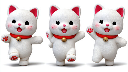 Cute chibi style cat mascots with joyful expressions, featuring white fur and pink accents, are depicted in playful pose. Their cheerful demeanor brings happiness and charm