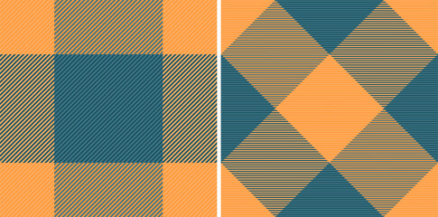Two vibrant plaid patterns in teal and orange.  Perfect for textile design, fashion, packaging, or website backgrounds.
