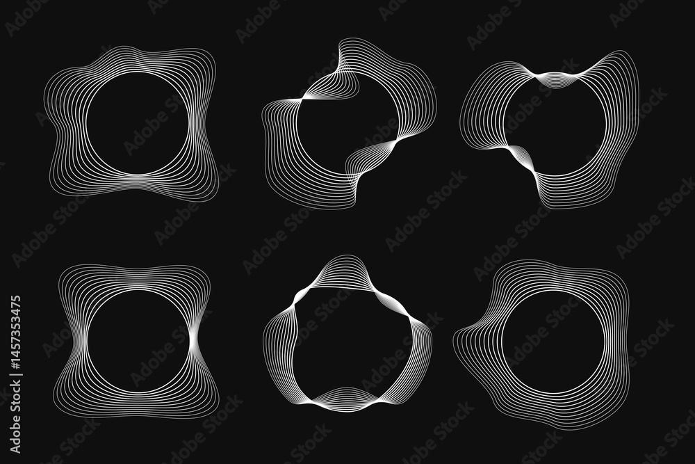 Poster set of round curved frames with dynamic wavy stripes