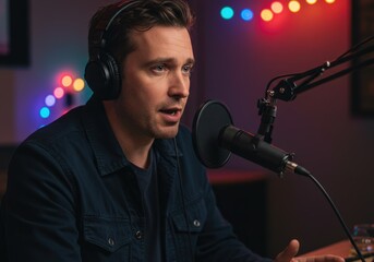 A man sits in front of a microphone, recording a podcast in a studio setting.