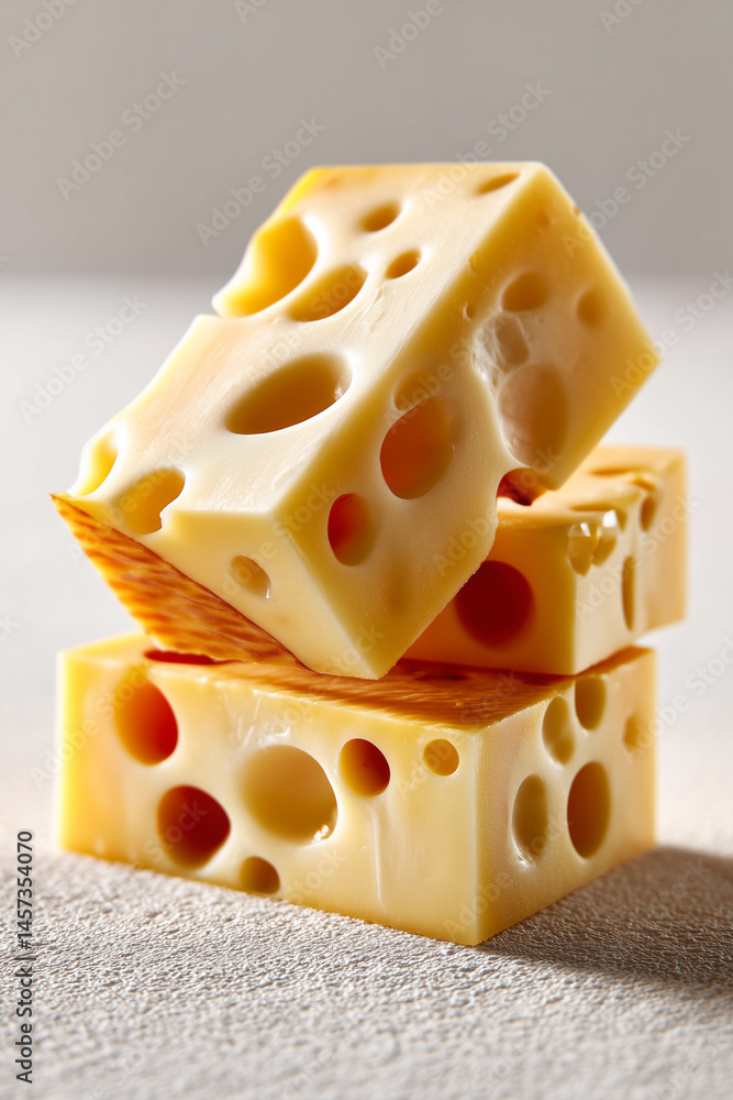 Poster swiss cheese slices with holes stacked loosely create a minimalist aesthetic. setting features clean