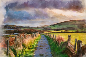 Pastel painting style image of path in countryside under overcast skies in Ireland