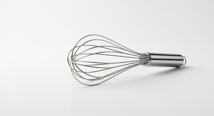 Stainless steel whisk against white background