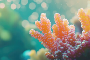 Close-up of vibrant coral polyps in a sunlit underwater scene.