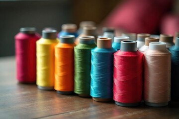 Colorful thread spools neatly arranged on a wooden surface, fiber art, bobbins, thread
