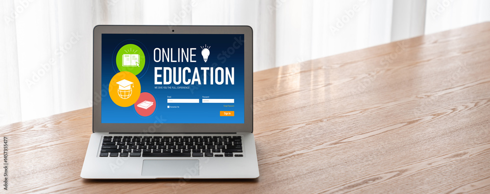 Poster e-learning website with modish sofware for student to study online on the internet network