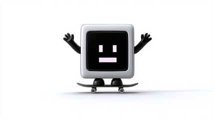 Minimalistic character resembling computer monitor is joyfully skating skateboard, showcasing playful and cheerful demeanor. character has simple face with neutral expression, emphasizing fun