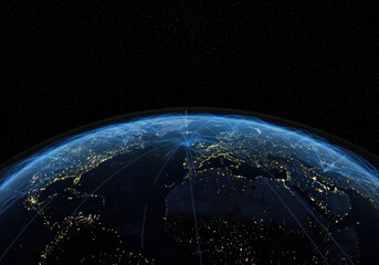 Obraz premium A stunning view of Earth at night, highlighting global communication networks in space.