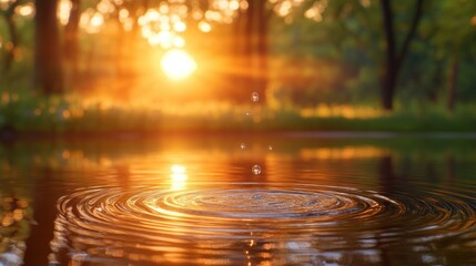 Golden sunset ripples on tranquil pond