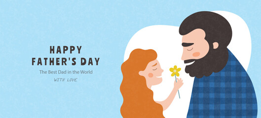 Sweet Father's Day illustration of a loving daughter giving a flower to her dad. Warm and tender design, modern trendy flat style.