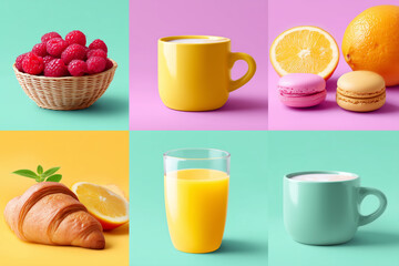 Colorful collage showcasing various breakfast items including raspberries, croissant, coffee, and juice. Cheerful pastel backgrounds create a lively setting