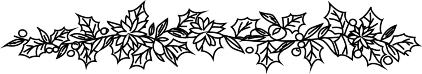 Fern Style Border - Hand-drawn botanical leaf divider in black and white line art, perfect for elegant nature-themed designs