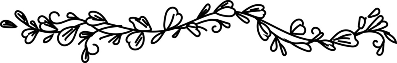 Fine Leaf Line - Hand-drawn botanical leaf divider in black and white line art, perfect for elegant nature-themed designs