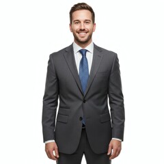 A smiling man in a grey suit and a blue tie stands looking at the camera on a white background.