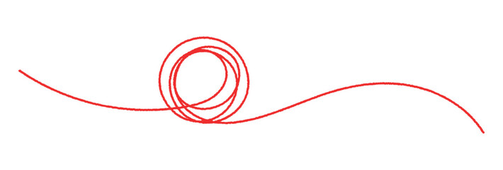 Red thread looped in a circle form, symbolizing vector, Tangled banner with scribbled circle hand drawn with thin line, divider shape. Isolated on white background. Vector illustration.