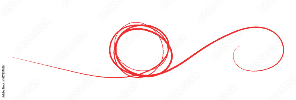 Poster red thread looped in a circle form, symbolizing vector, tangled banner with scribbled circle hand dr