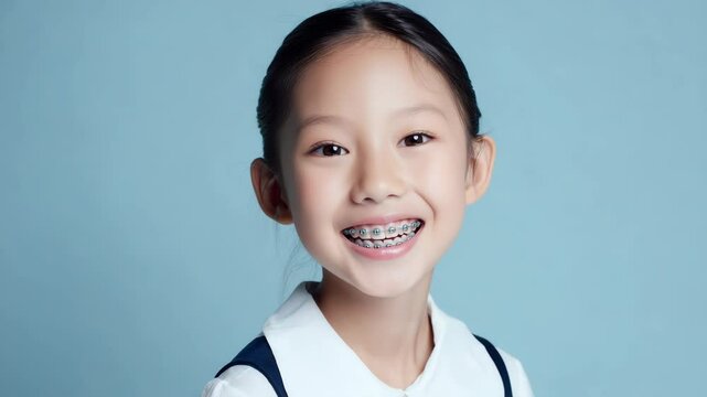Portrait of a smiling young girl with dental braces against a light blue backdrop in school uniform, close-up on her face.