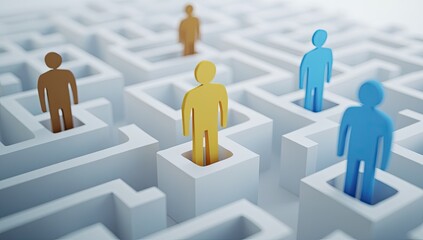 Diverse figures navigate a complex labyrinth