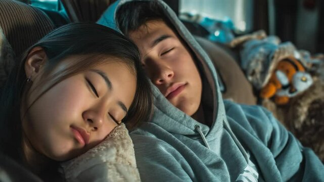 Brother and sister relaxing together on a couch, taking a nap with head on a pillow, wearing hoodie indoors