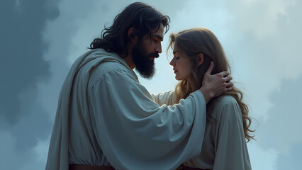 Jesus comforting a lonely woman in a muted blue-gray watercolor, conveying solitude transformed by divine warmth.