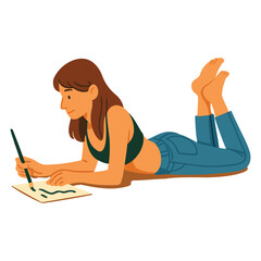 Young Woman Lying Down Drawing on Paper Illustration