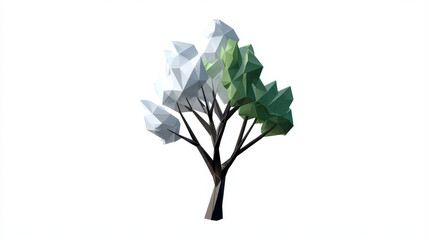 Obraz premium Minimalistic low poly tree design featuring geometric shapes shades of green and white, creating modern and artistic representation of nature. This unique character adds playful touch to any