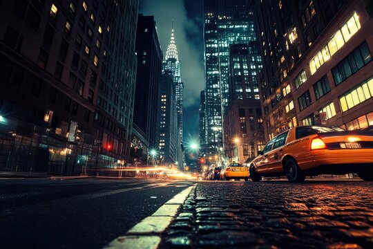 Fototapeta Nighttime city street with towering skyscrapers and yellow taxis.  Busy urban scene at night with a focus on the street level