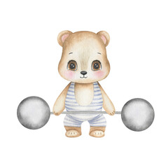 Watercolor illustration of a cute teddy bear holding a barbell. A strongman bear