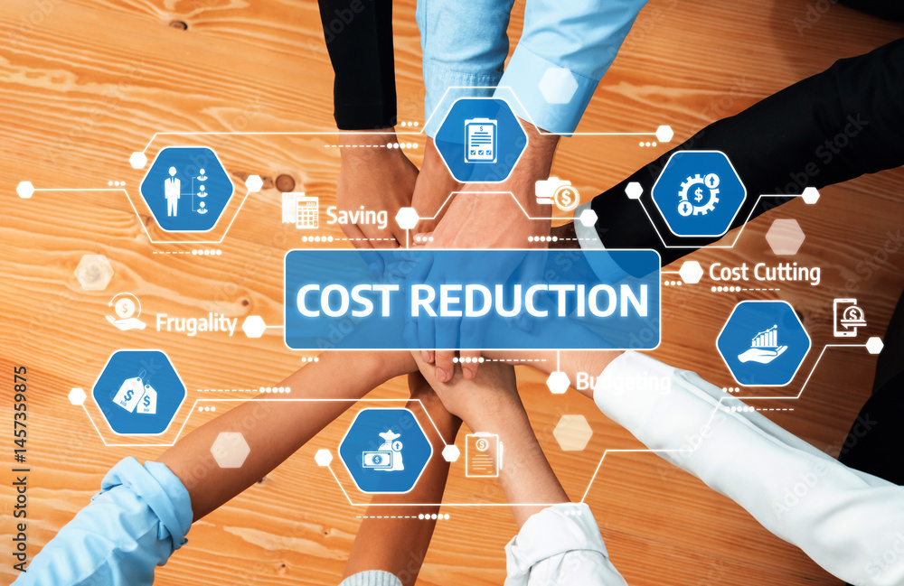 Poster a diverse team collaborates to create effective cost reduction strategies, showcasing various icons 